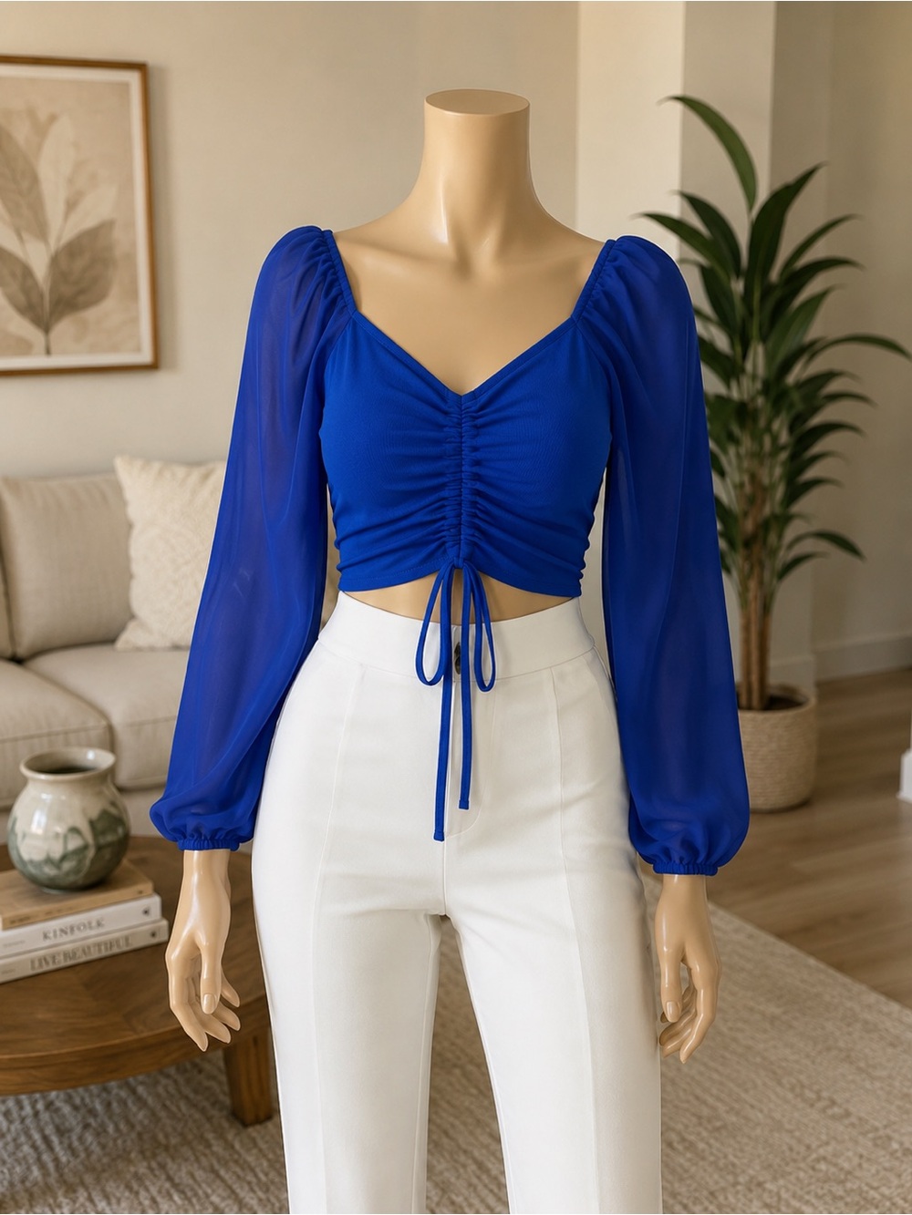 🆕 Royal Blue Ruched Tie-Front Crop Top - Women